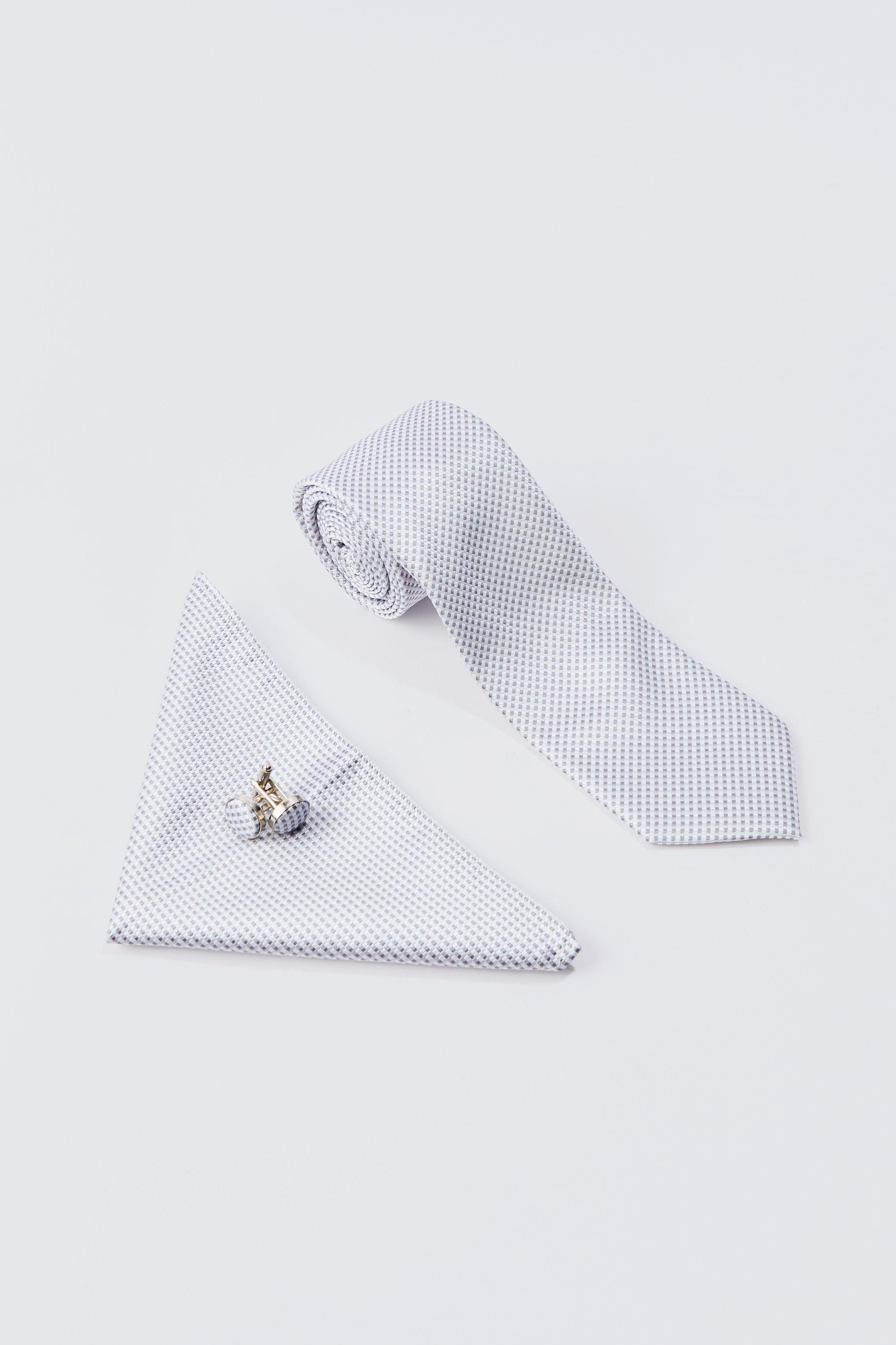 Mens Slim Tie, Pocket Square And Cuff Links Set In Light Grey, Grey